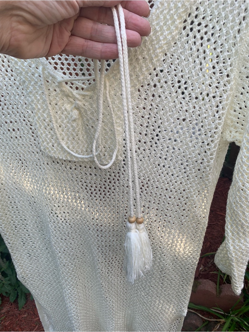 Amazon Cream Open-Knit V-Neck Tunic with Tassel Detail - Picture 4 of 8